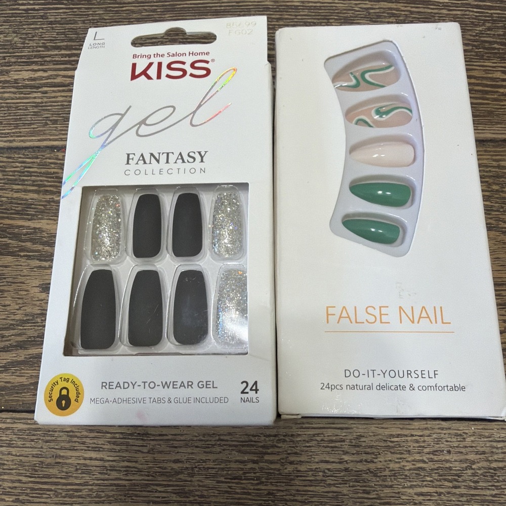 NEW Kiss Gel Fantasy Collection Long + Groovy Green Swirl Almond Shape Comfort!